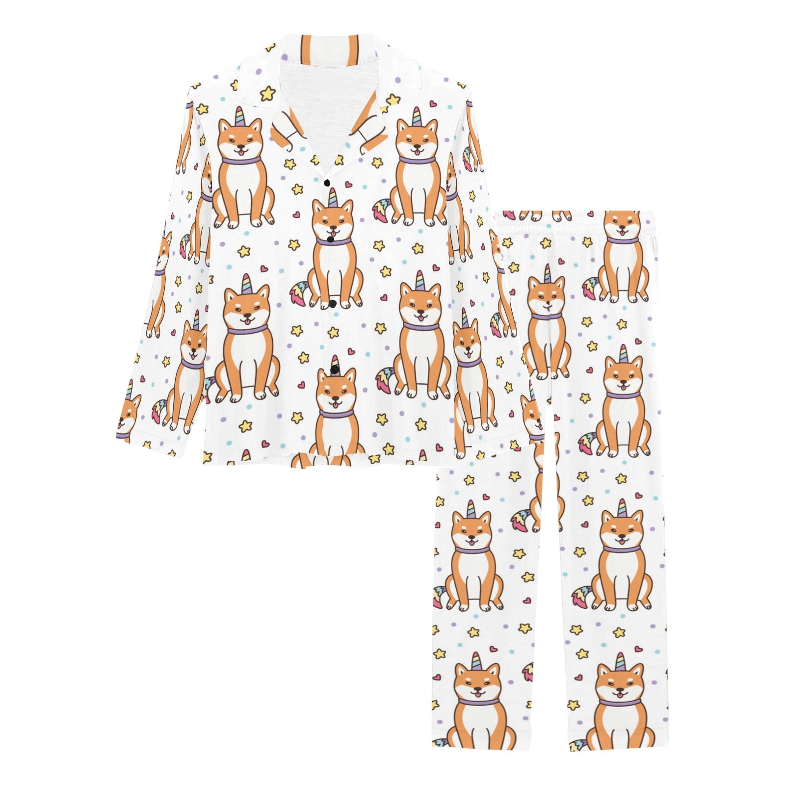 shiba inu unicorn costume horn colorful tail patte Women's Long Pajama Set