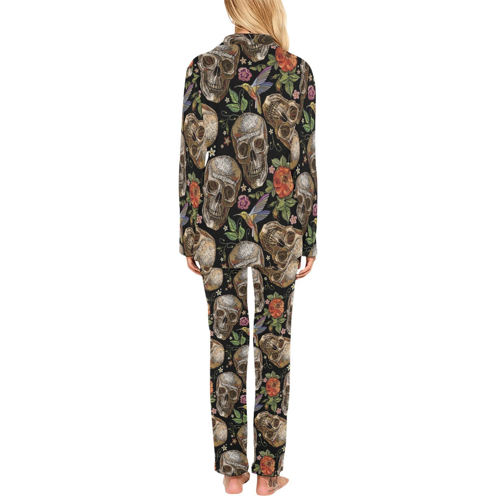 Skull rose humming bird flower pattern Women's Long Pajama Set