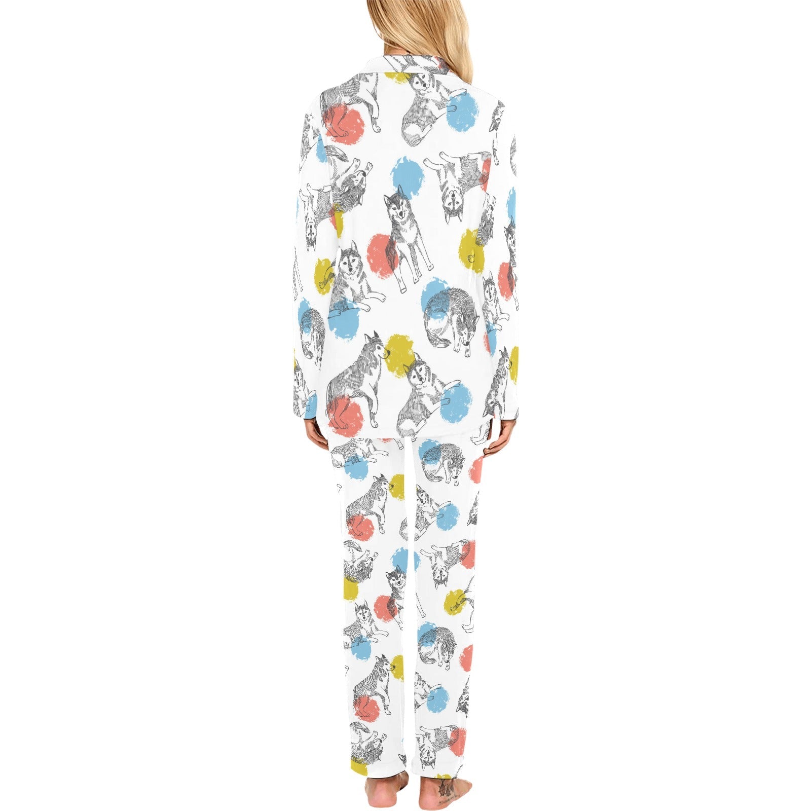Siberian husky and colorful circle pattern Women's Long Pajama Set