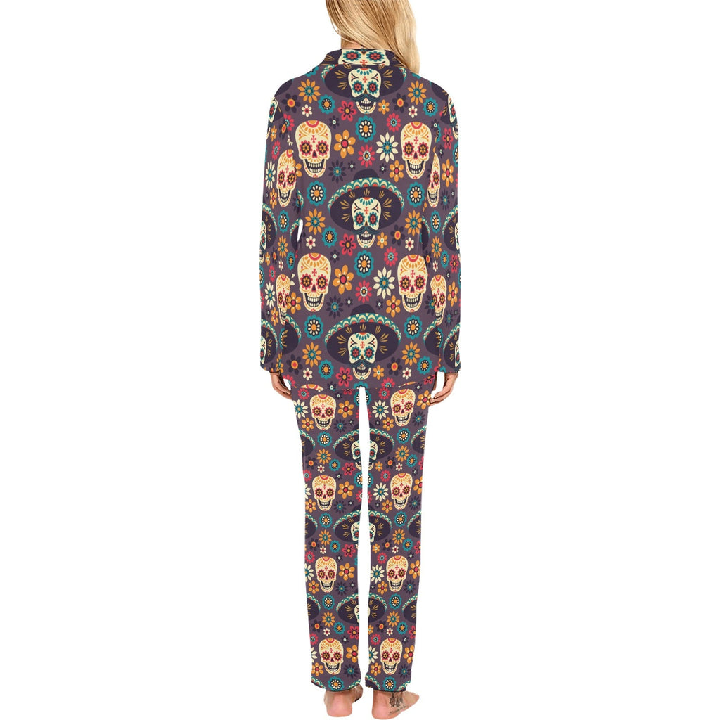 Sugar skulls flower maxican pattern Women's Long Pajama Set