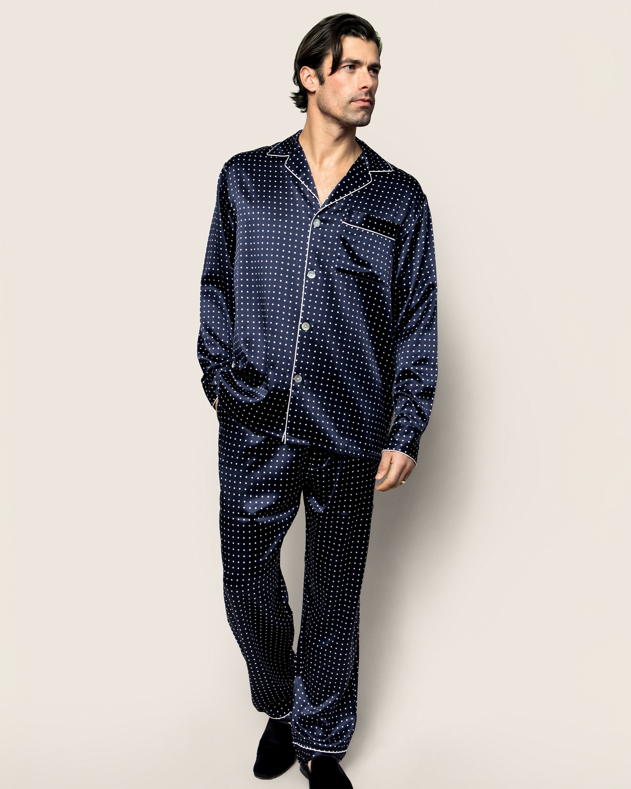 Men's Silk Pajama Set in Navy Polka Dot