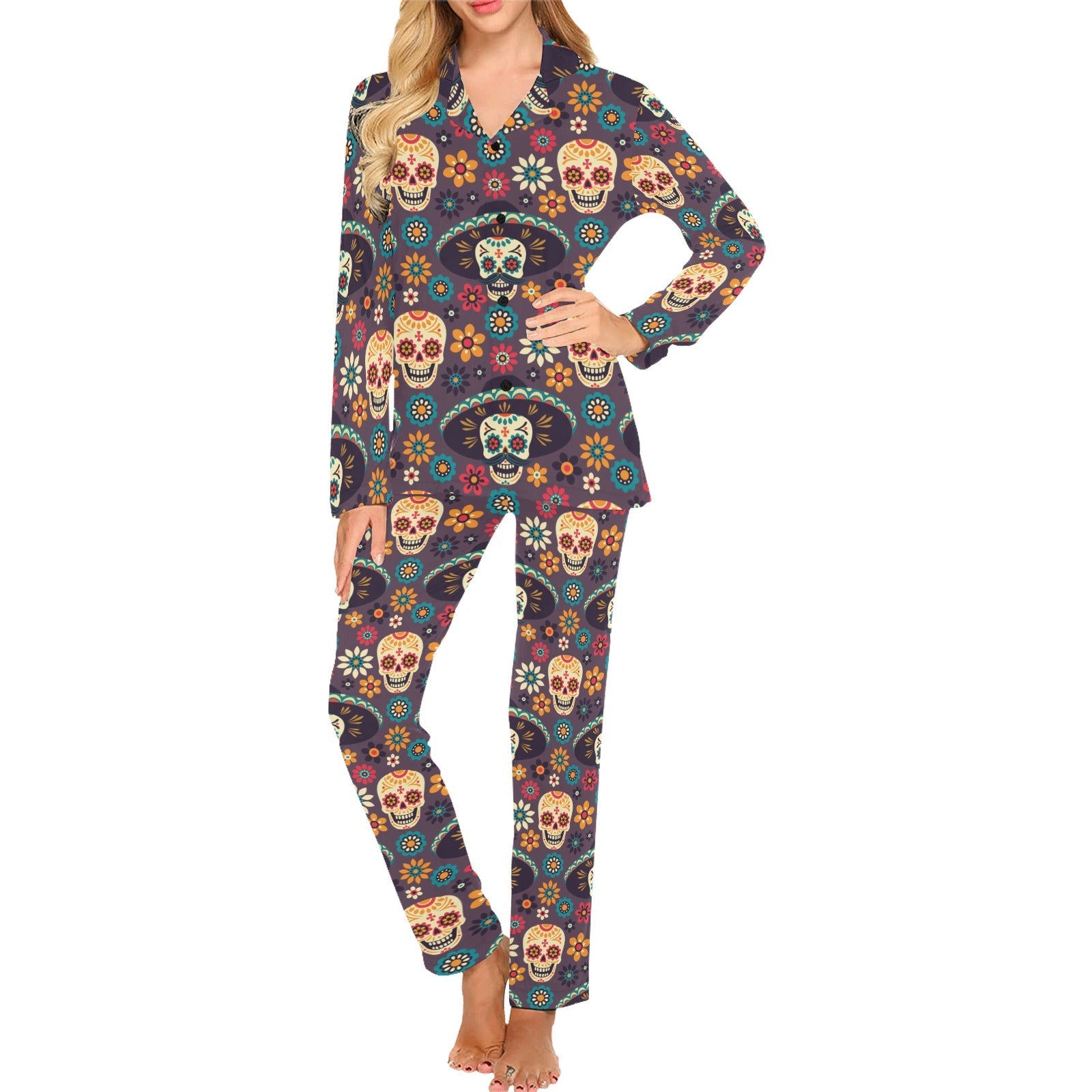 Sugar skulls flower maxican pattern Women's Long Pajama Set