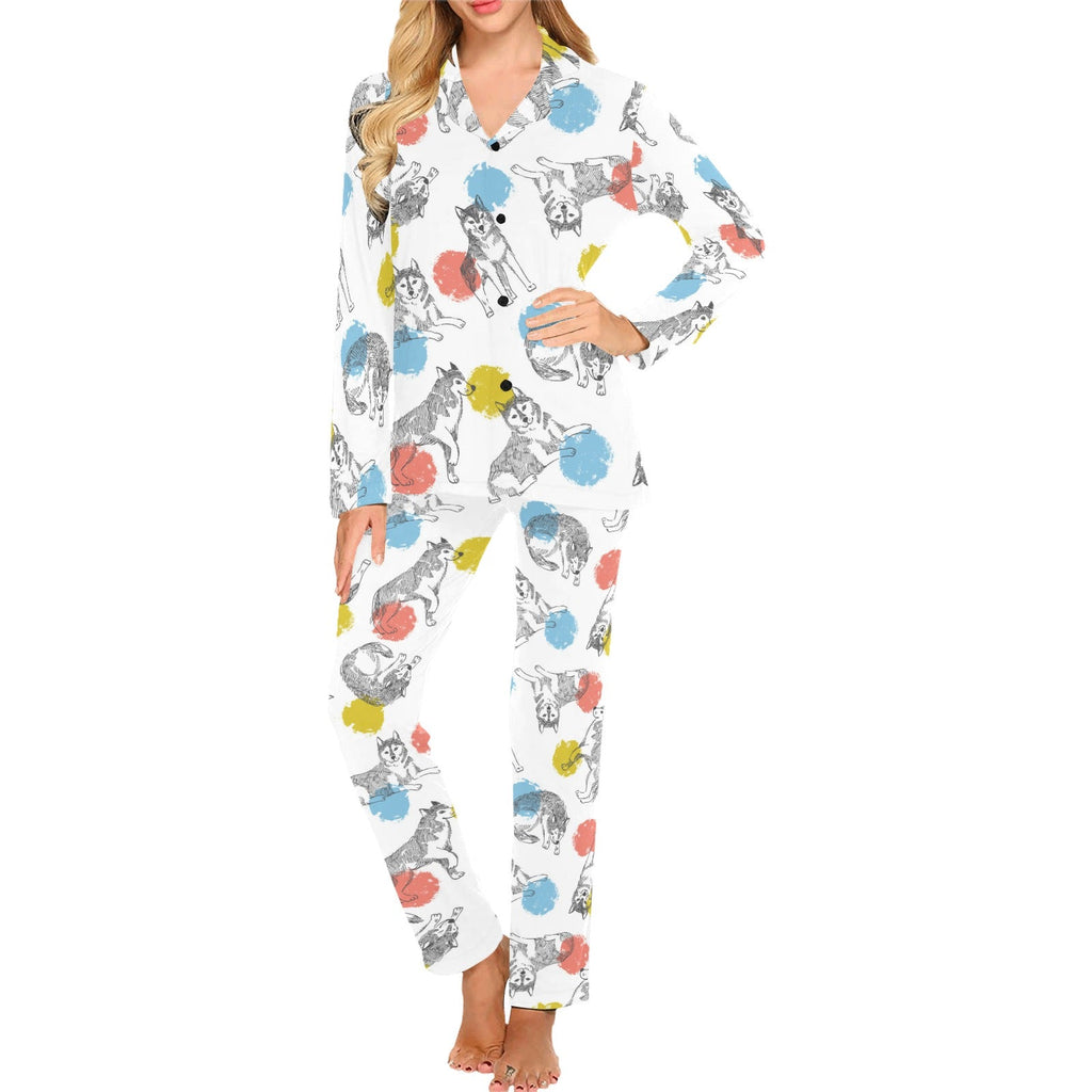 Siberian husky and colorful circle pattern Women's Long Pajama Set