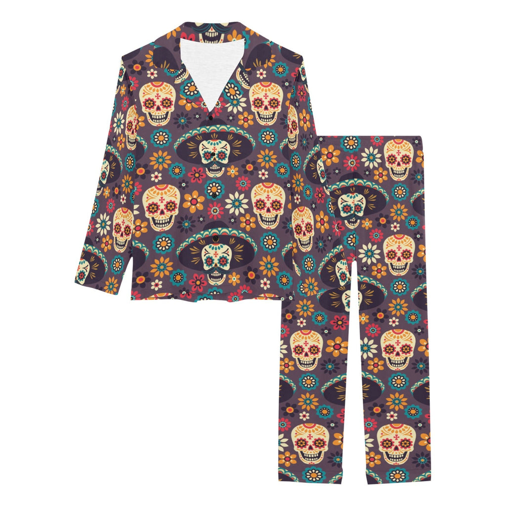 Sugar skulls flower maxican pattern Women's Long Pajama Set