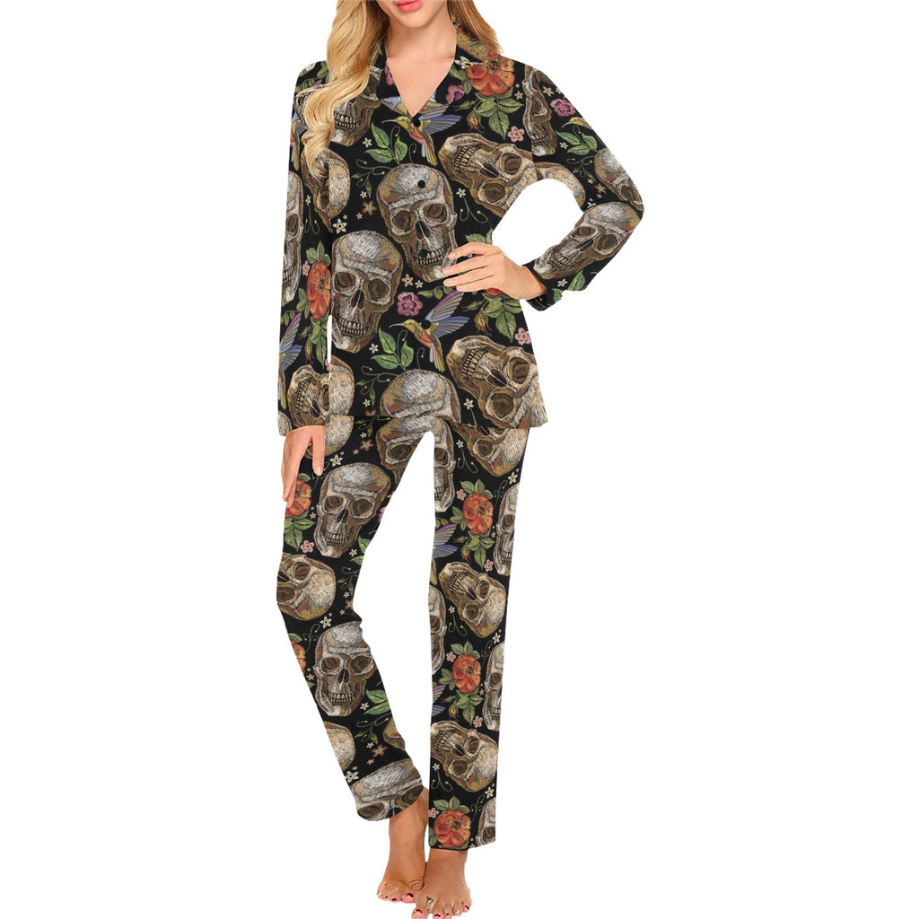 Skull rose humming bird flower pattern Women's Long Pajama Set