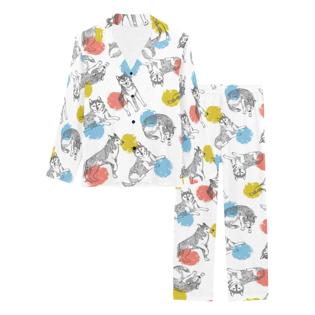 Siberian husky and colorful circle pattern Women's Long Pajama Set